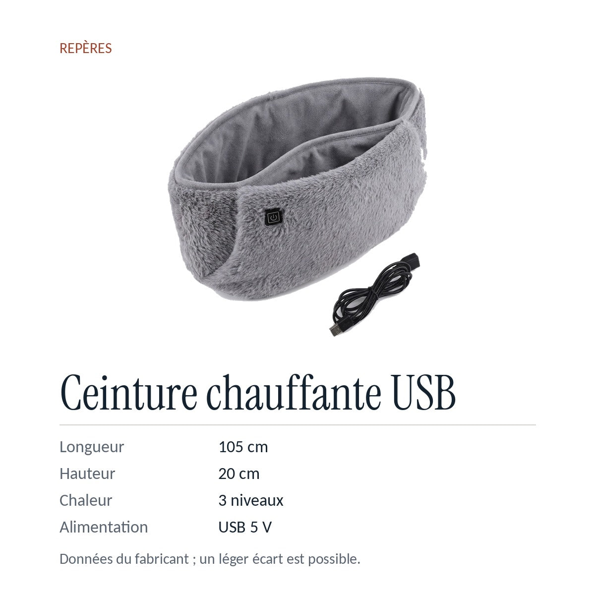 Repères : 105 × 20 cm, 3 niveaux de chaleur, alimentation USB 5 V