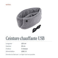 Repères : 105 × 20 cm, 3 niveaux de chaleur, alimentation USB 5 V