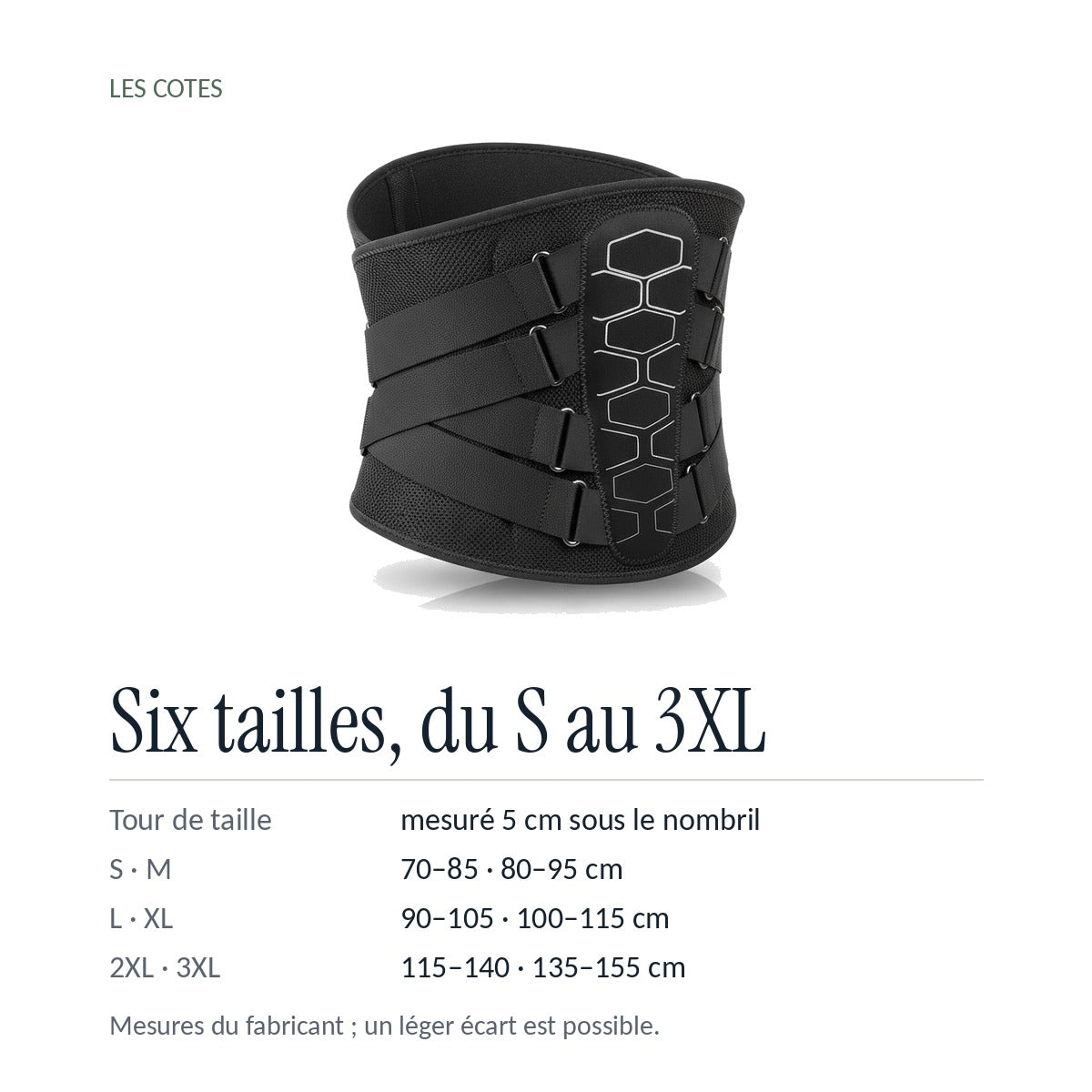 Les cotes : six tailles du S au 3XL, tour de taille 70 à 155 cm mesuré 5 cm sous le nombril