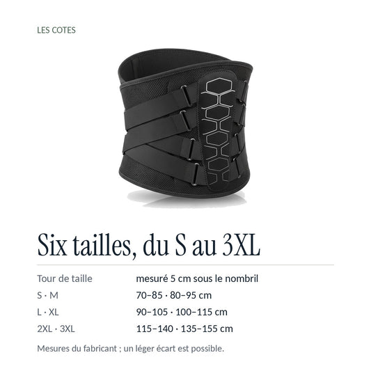 Les cotes : six tailles du S au 3XL, tour de taille 70 à 155 cm mesuré 5 cm sous le nombril