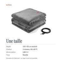 Repères : 150 × 85 cm déplié, 3 niveaux de 40 à 60 °C, USB 5 V, flanelle