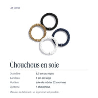 Les cotes : chouchous de 6,5 cm de diamètre au repos, bandeau de 1 cm, soie de mûrier 22 momme, lot de 4
