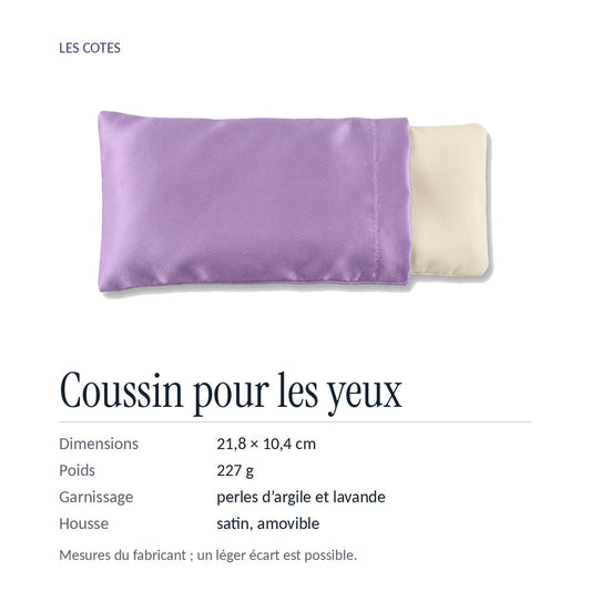 Les cotes : 21,8 × 10,4 cm, 227 g, garnissage de perles d'argile et de fleurs de lavande, housse en satin amovible