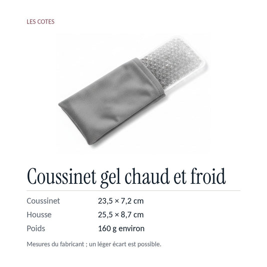 Les cotes : coussinet 23,5 × 7,2 cm, housse 25,5 × 8,7 cm