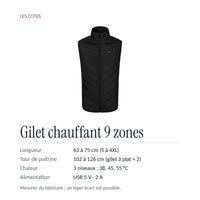 Les cotes : longueur 63 à 75 cm, tour de poitrine 102 à 126 cm, 3 niveaux 38, 45, 55 °C, USB 5 V