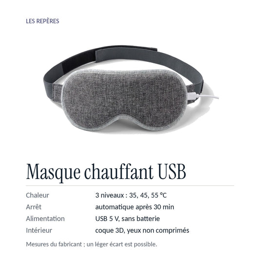 Repères : 3 niveaux 35, 45, 55 °C, arrêt automatique après 30 min, USB 5 V sans batterie, coque 3D