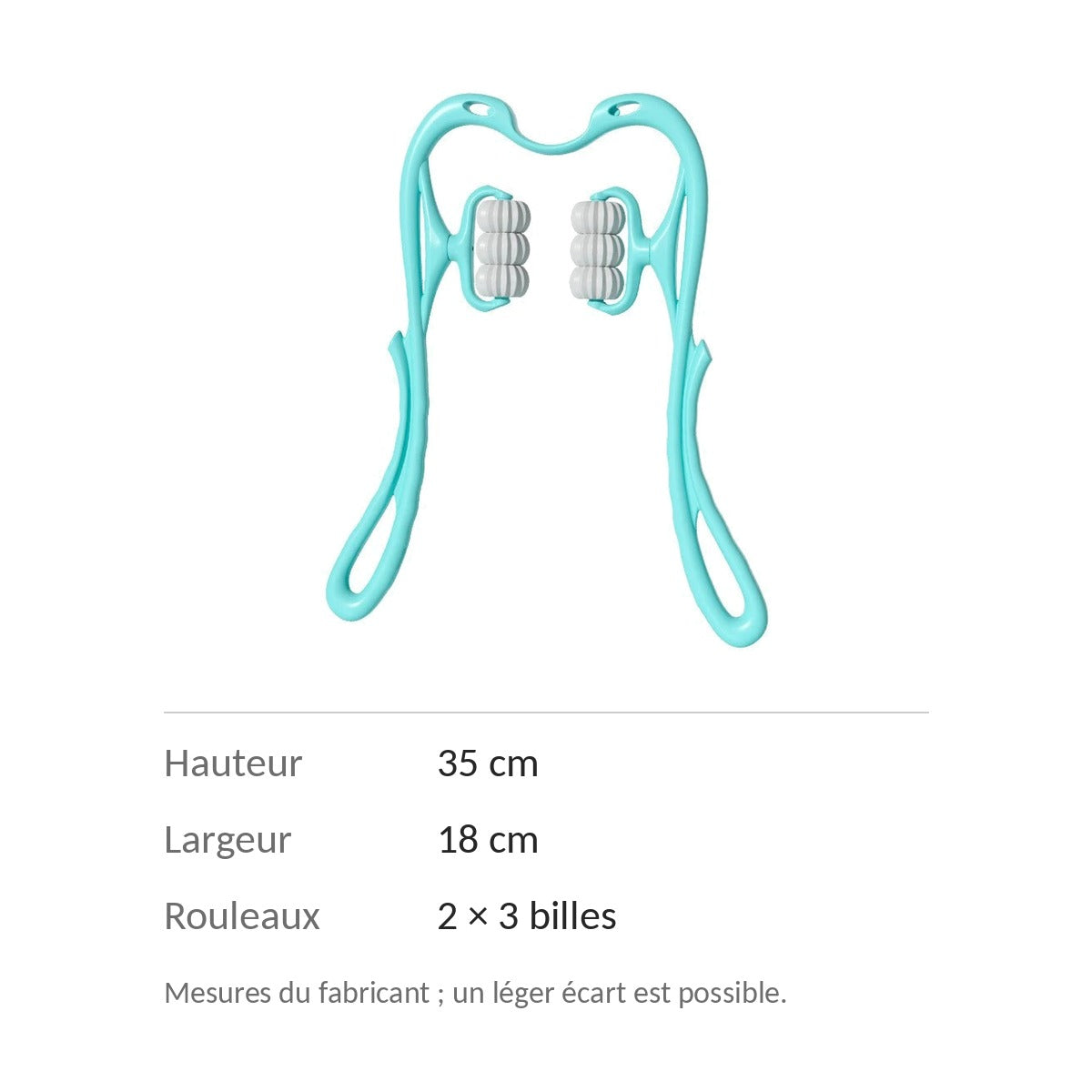 Dimensions du masseur de nuque : 35 cm de haut, 18 cm de large, deux rouleaux de trois billes