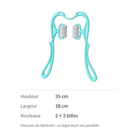 Dimensions du masseur de nuque : 35 cm de haut, 18 cm de large, deux rouleaux de trois billes