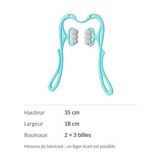 Dimensions du masseur de nuque : 35 cm de haut, 18 cm de large, deux rouleaux de trois billes