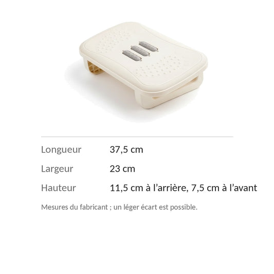 Dimensions du repose-pieds : 37,5 × 23 cm, hauteur 11,5 cm à l’arrière et 7,5 cm à l’avant