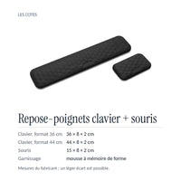 Les cotes : repose-poignet clavier 36 ou 44 × 8 × 2 cm, repose-poignet souris 15 × 8 × 2 cm