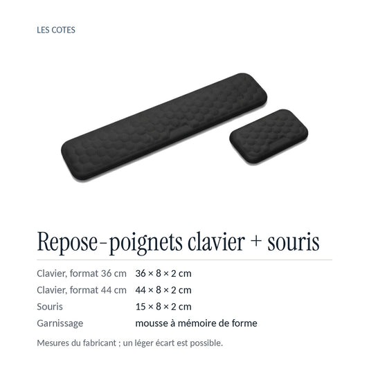 Les cotes : repose-poignet clavier 36 ou 44 × 8 × 2 cm, repose-poignet souris 15 × 8 × 2 cm