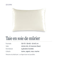 Les cotes : formats 50×70, 60×60 et 65×65 cm, soie de mûrier 22 momme, fermeture invisible