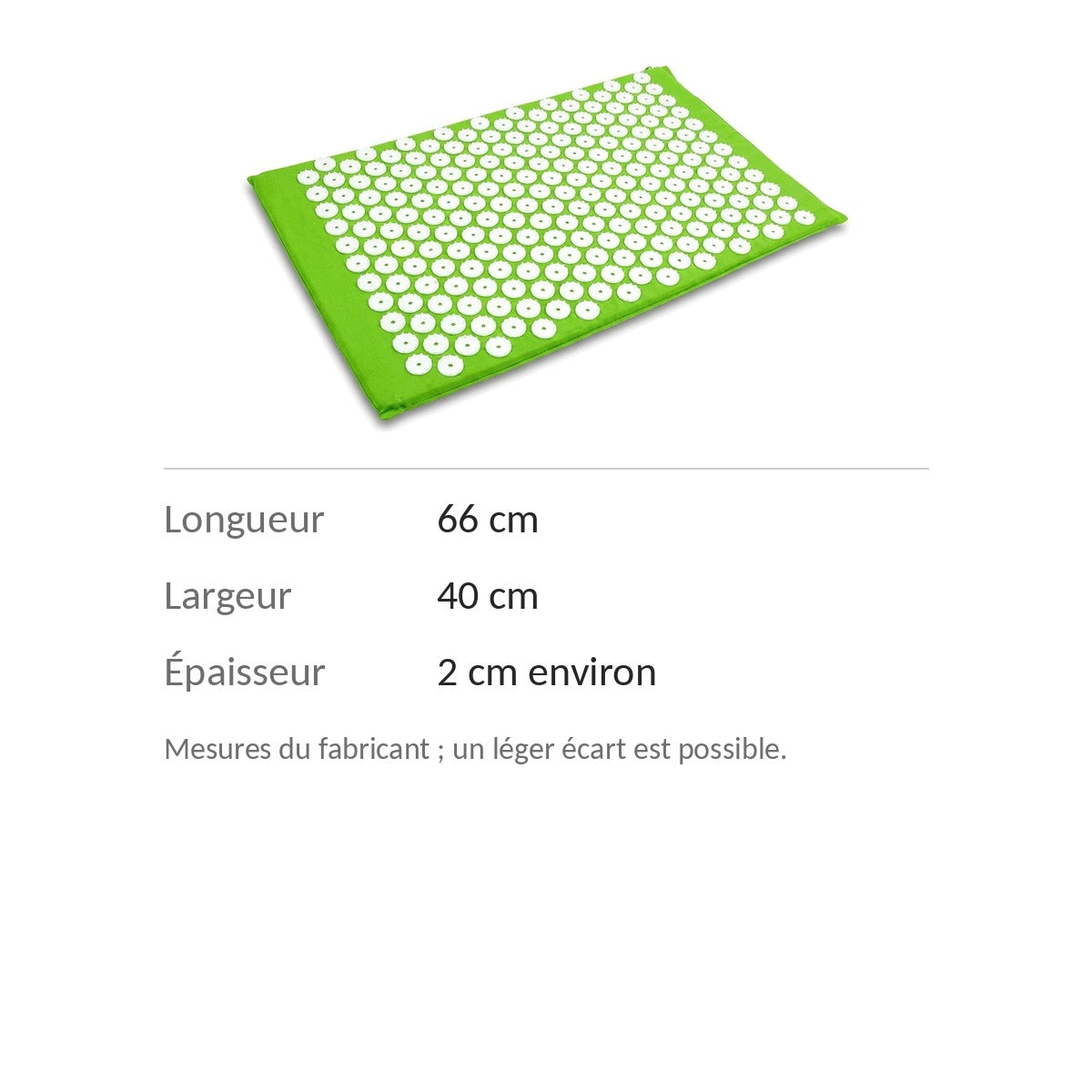 Dimensions du tapis d'acupression : 66 × 40 cm, environ 2 cm d'épaisseur