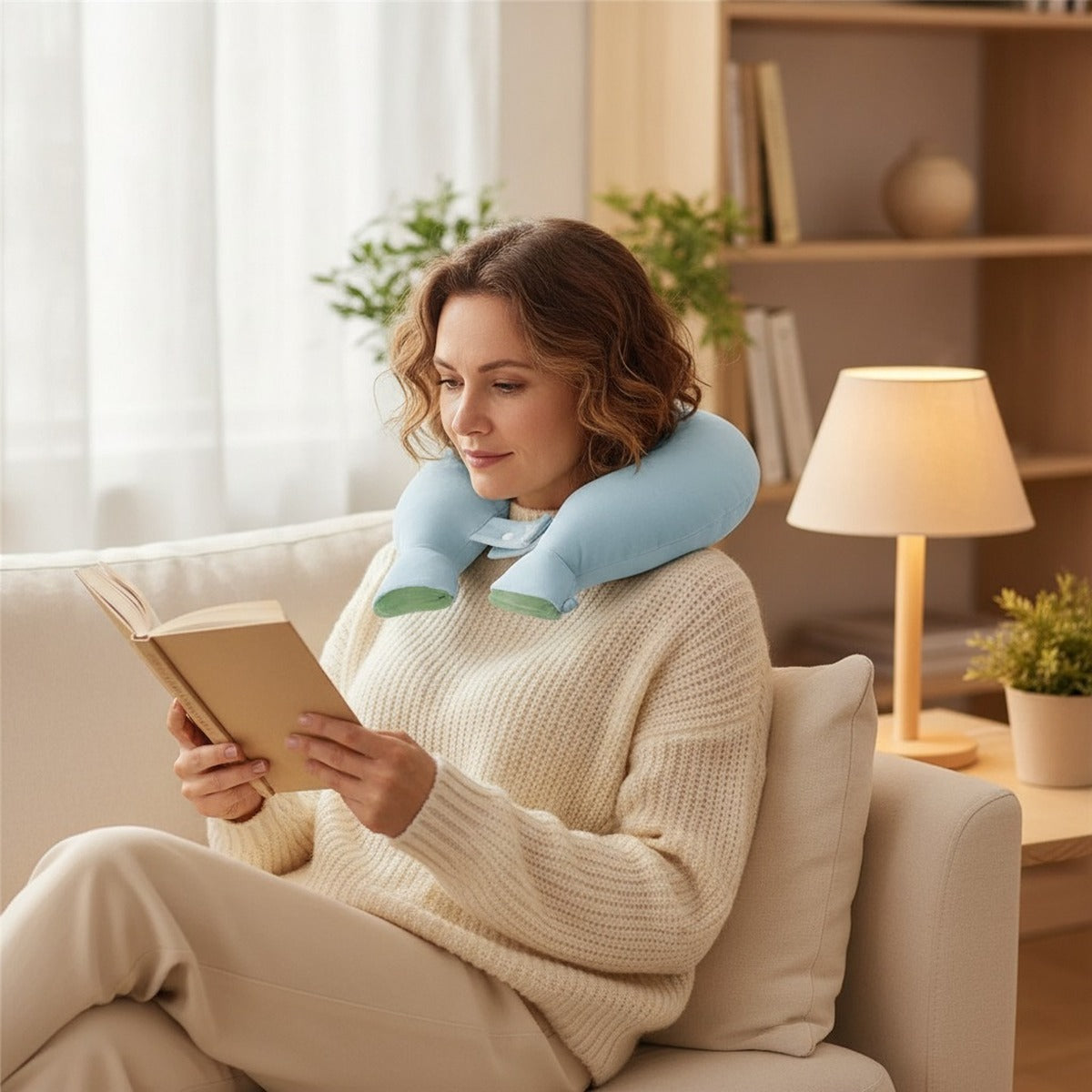 Mise en situation : femme lisant sur un canapé, la bouillotte en U bleu ciel autour de la nuque