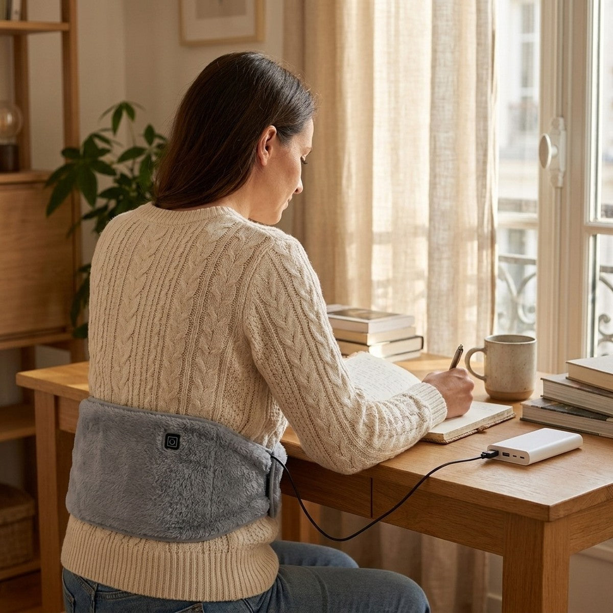 La ceinture chauffante portée sur le bas du dos en télétravail, branchée sur une batterie externe