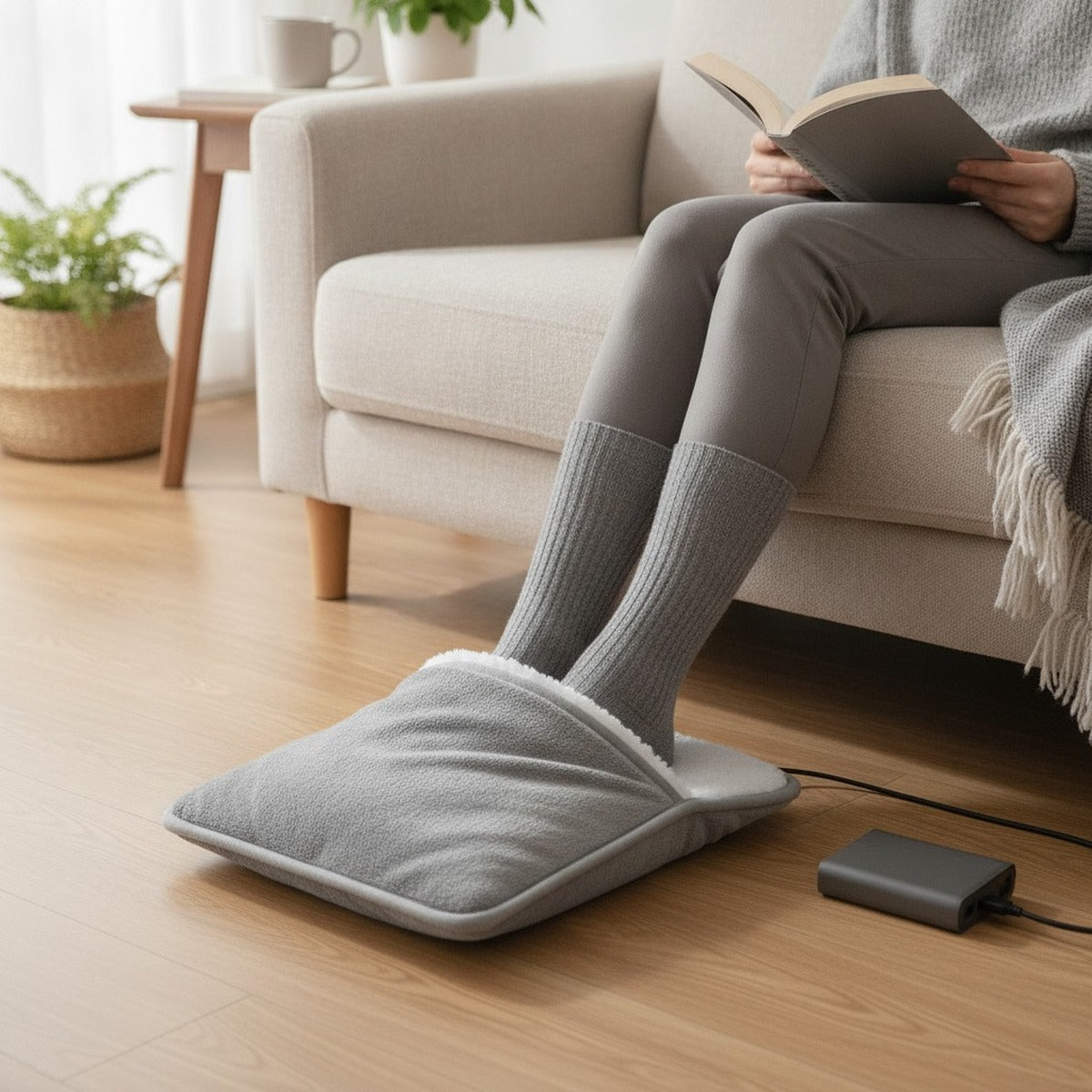 Mise en situation : pieds glissés dans le chauffe-pieds devant le canapé, branché sur une batterie externe