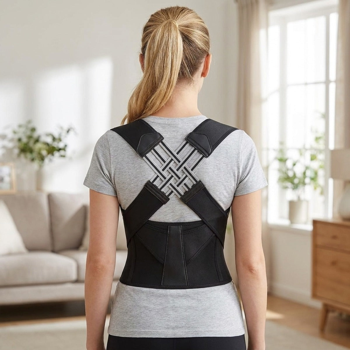 Mise en situation : correcteur de posture porté sur un t-shirt, vu de dos