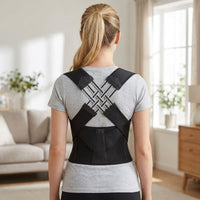 Mise en situation : correcteur de posture porté sur un t-shirt, vu de dos