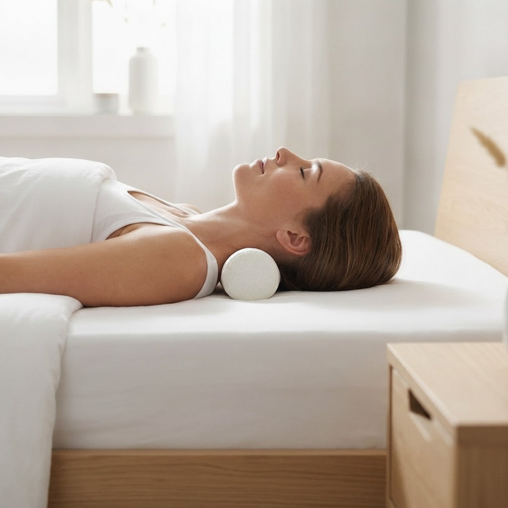 Femme allongée sur le dos, le coussin cylindrique placé sous la nuque