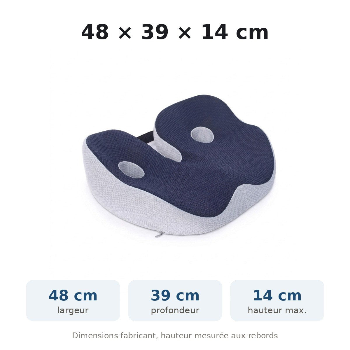 Dimensions du coussin ergonomique ErgoSeat : 48 × 39 cm, 14 cm aux rebords