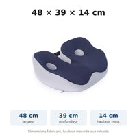 Dimensions du coussin ergonomique ErgoSeat : 48 × 39 cm, 14 cm aux rebords