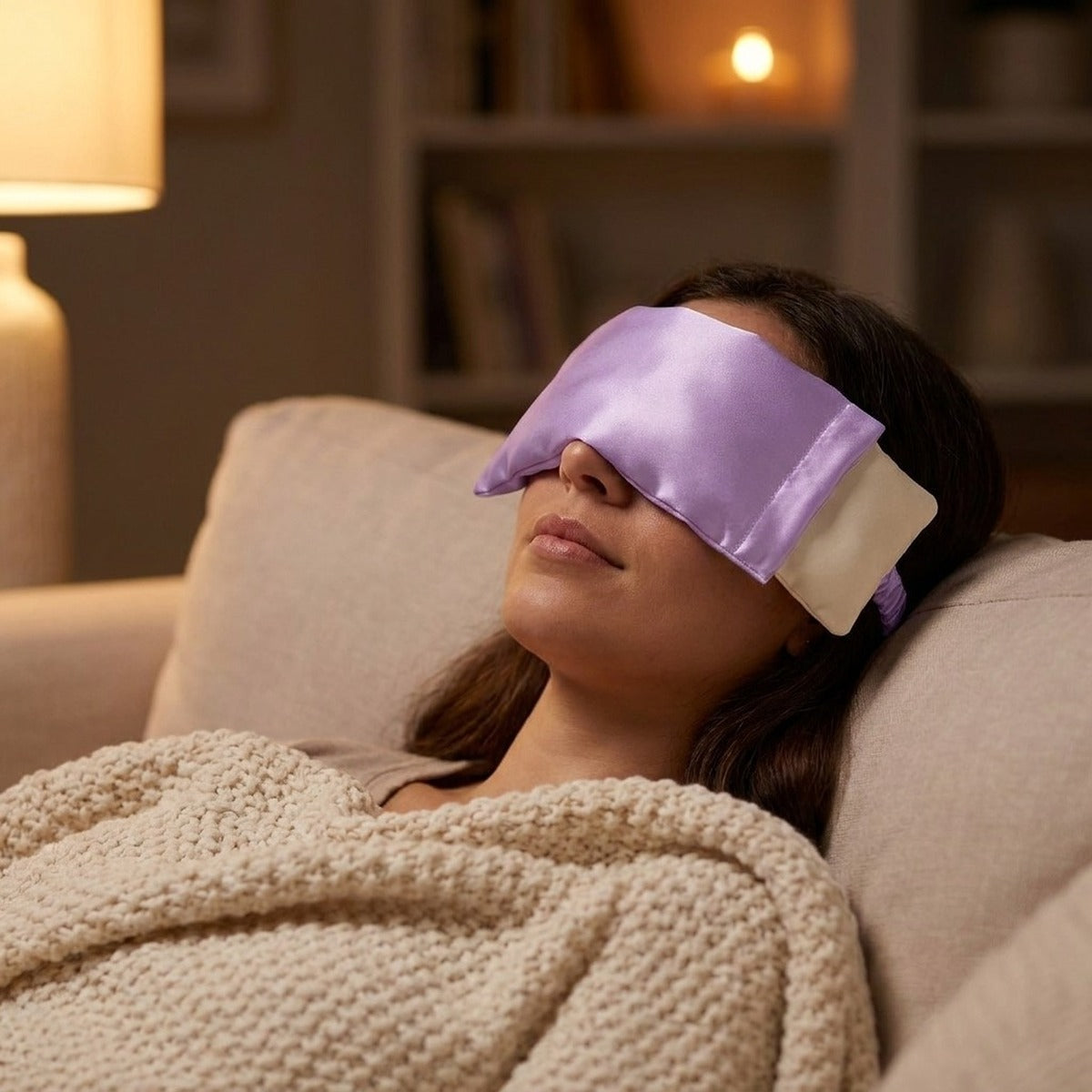 Mise en situation : le soir sur le canapé, coussin lavande posé sur les yeux
