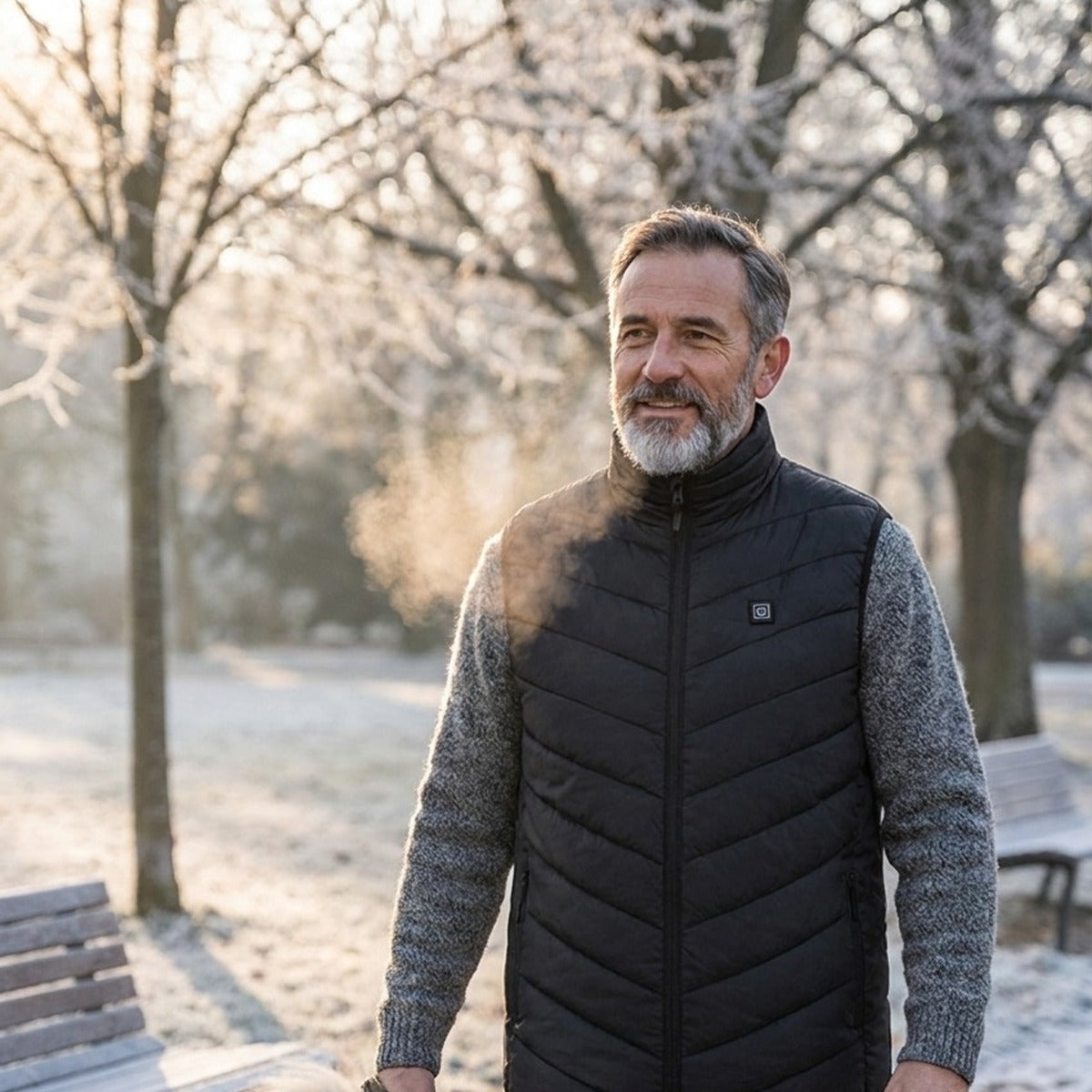 Mise en situation : homme promenant son chien dans un parc givré, gilet chauffant noir sur un pull gris
