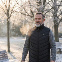 Mise en situation : homme promenant son chien dans un parc givré, gilet chauffant noir sur un pull gris