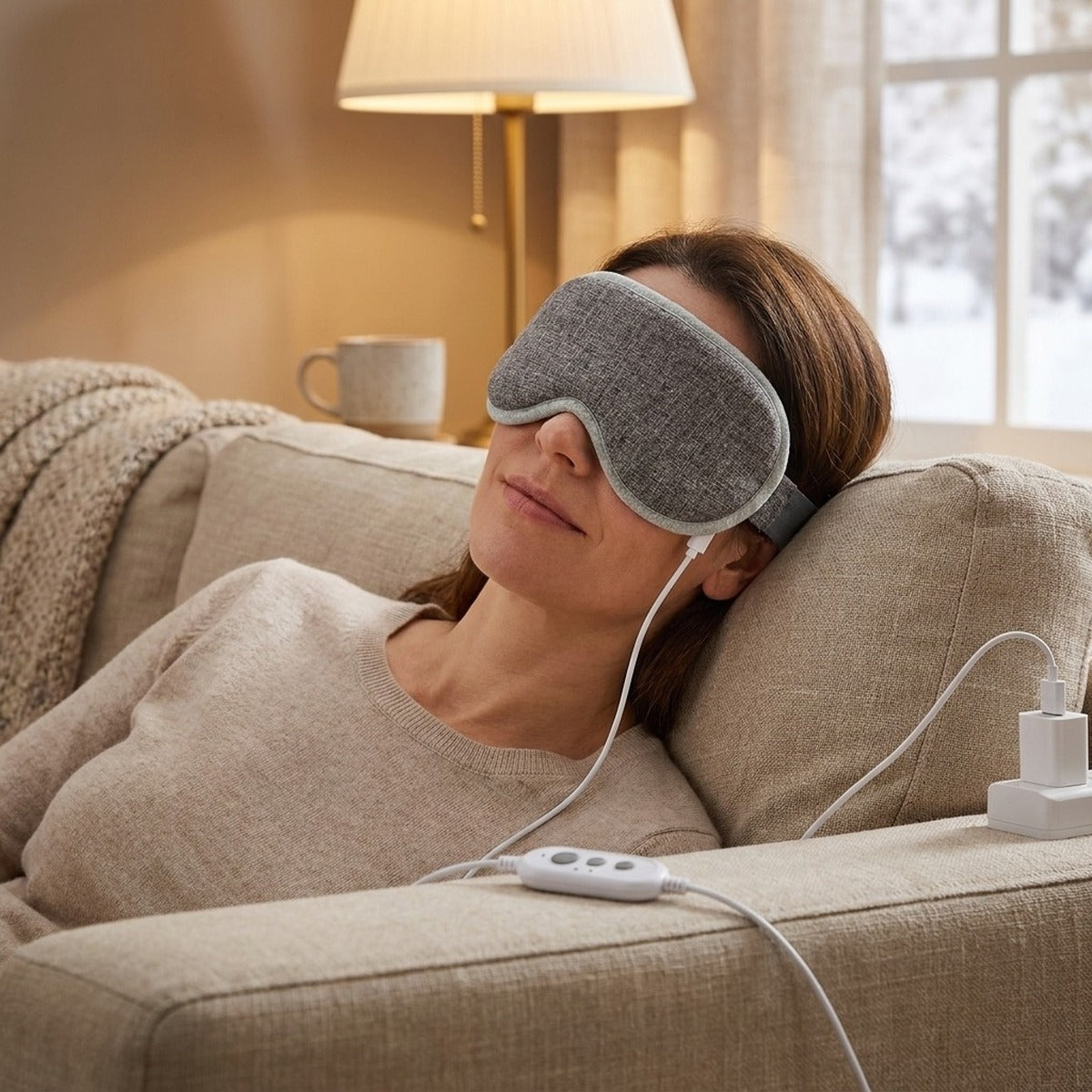 Mise en situation : femme se reposant sur le canapé, masque chauffant gris sur les yeux, branché sur un chargeur