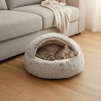 Mise en situation : chat tigré endormi dans le panier gris, au pied du canapé