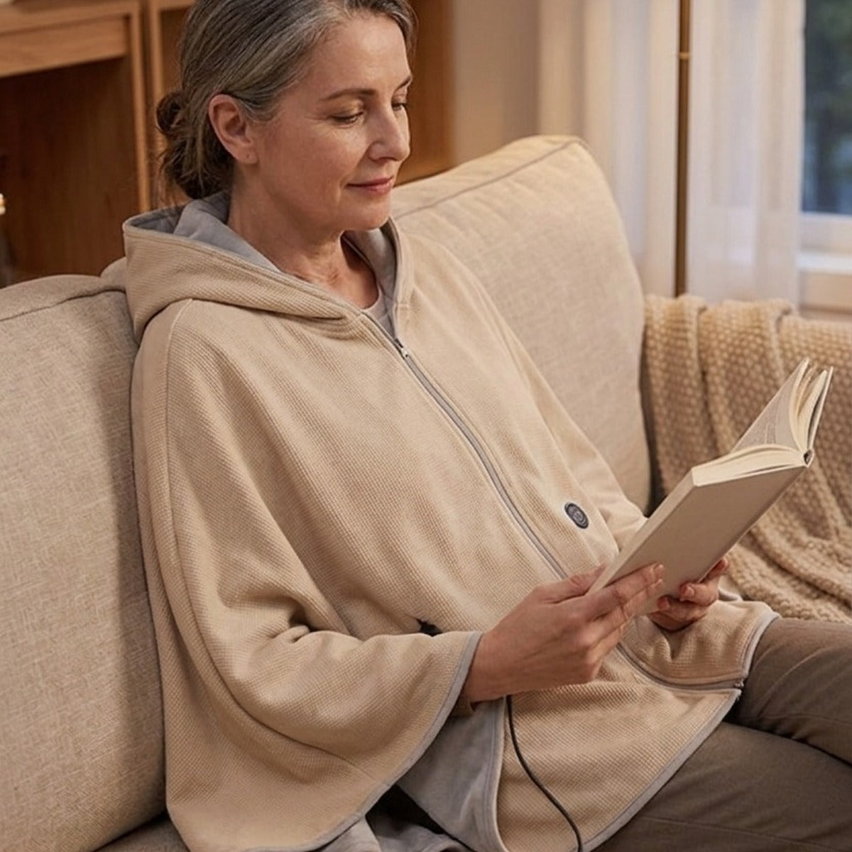 Mise en situation : femme lisant sur le canapé, enveloppée dans le poncho chauffant beige
