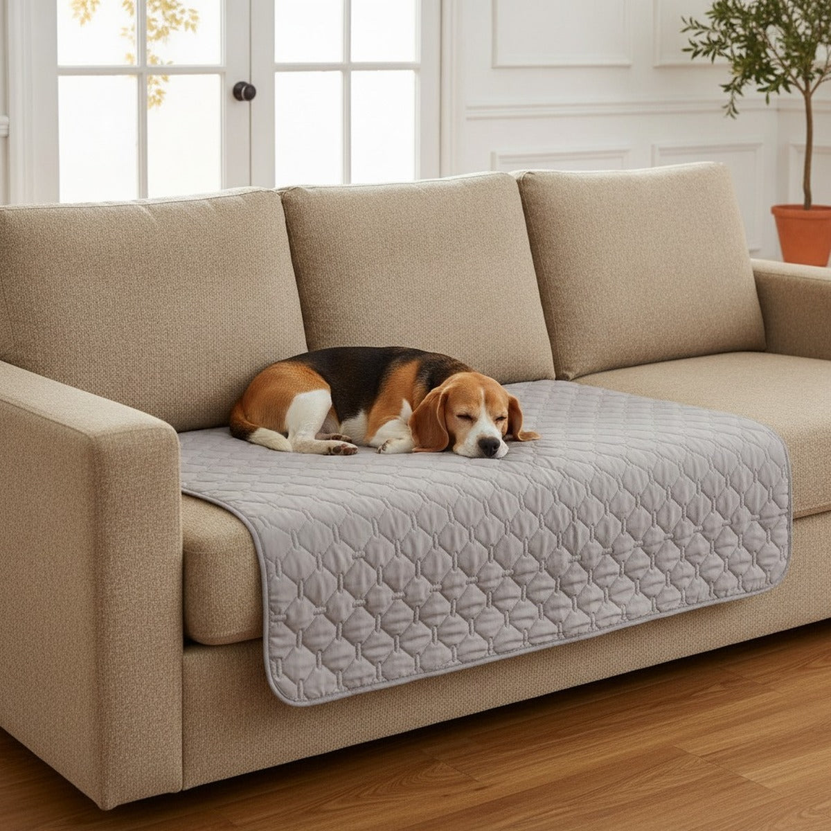 Mise en situation : beagle endormi sur la protection grise posée sur l'assise d'un canapé beige