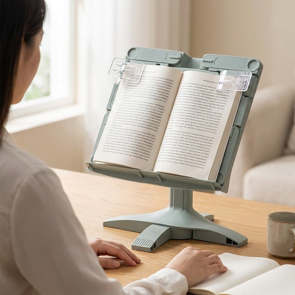 Livre ouvert posé sur le support de lecture, à hauteur de regard, sur un bureau