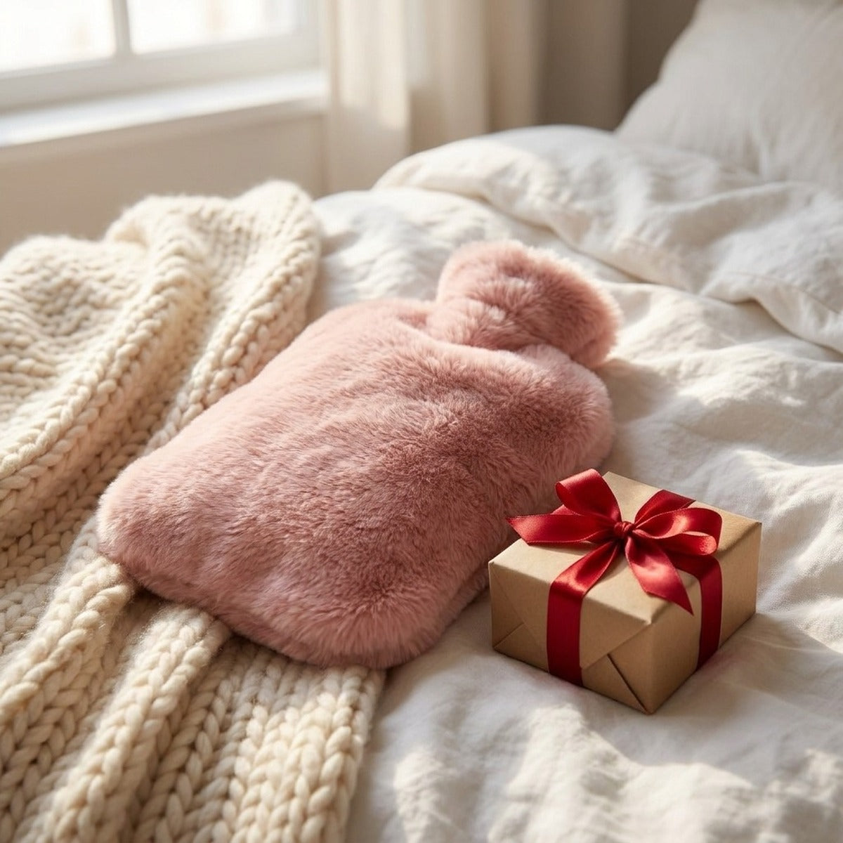 Mise en situation : bouillotte rose posée sur un lit, à côté d'un paquet cadeau (non fourni)