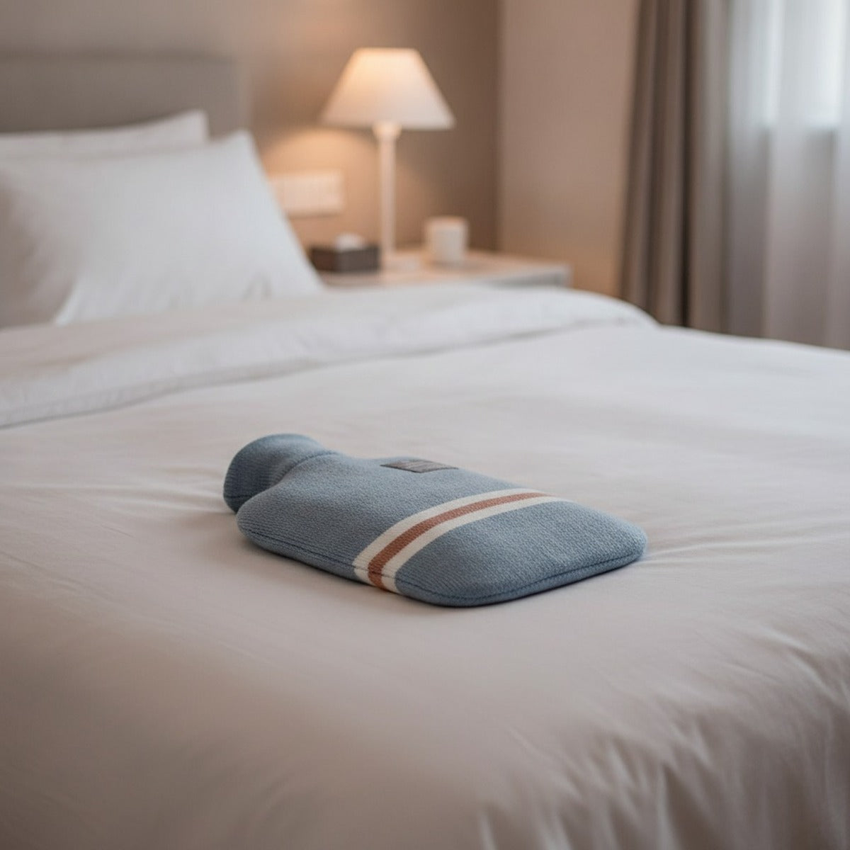 Mise en situation : bouillotte bleue posée sur le drap pour tiédir le lit avant le coucher