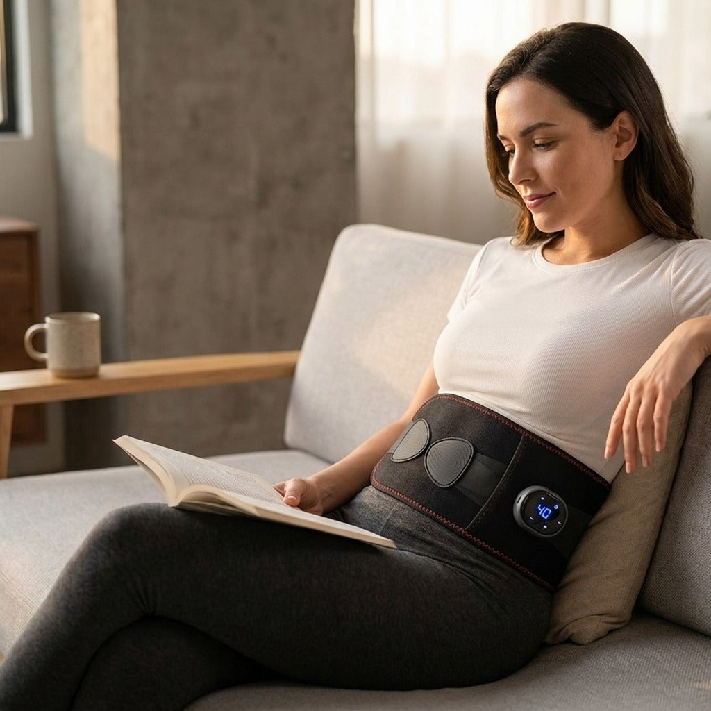 Une femme lit sur le canapé, la ceinture chauffante portée à la taille