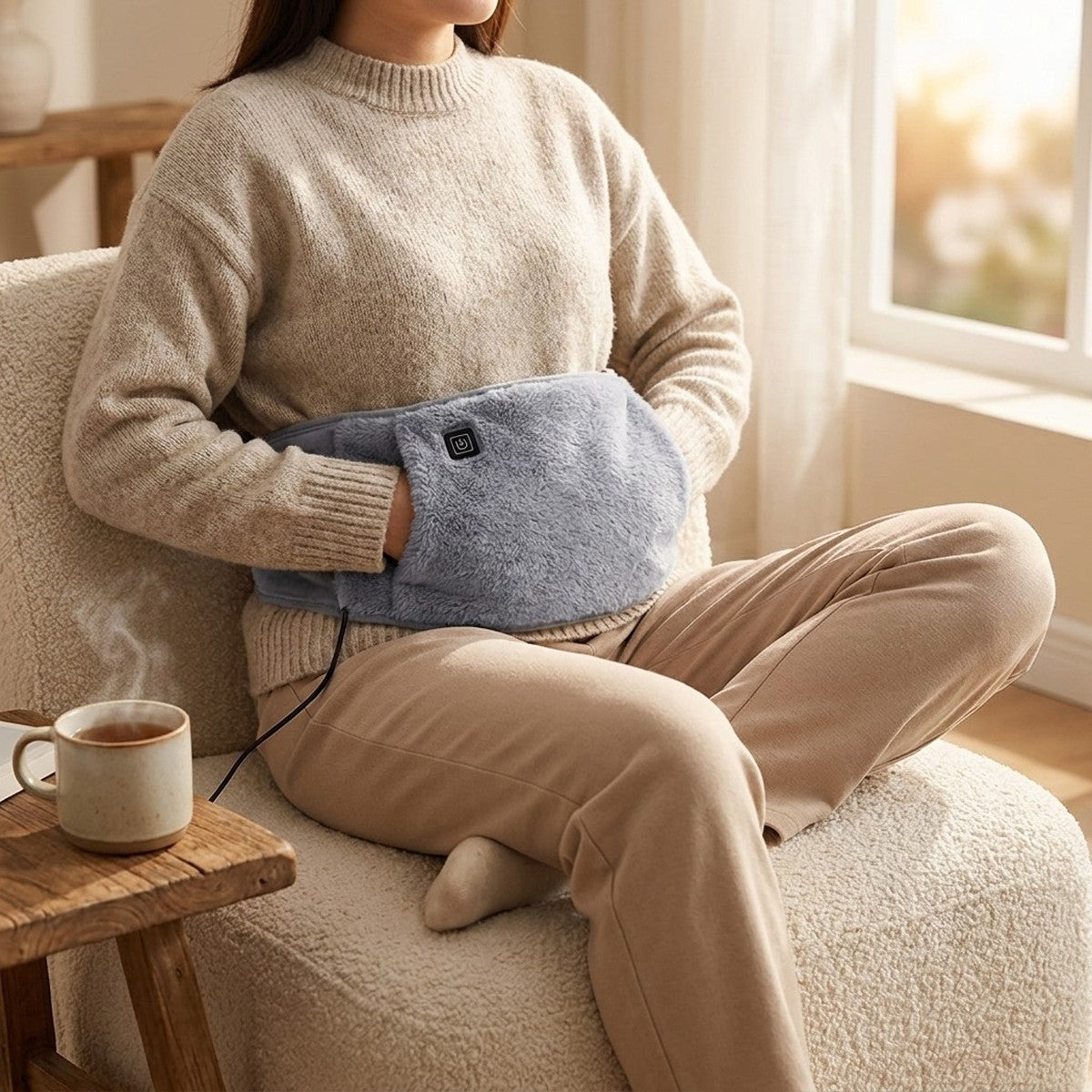 Les mains au chaud dans la poche de la ceinture chauffante, portée devant dans un fauteuil