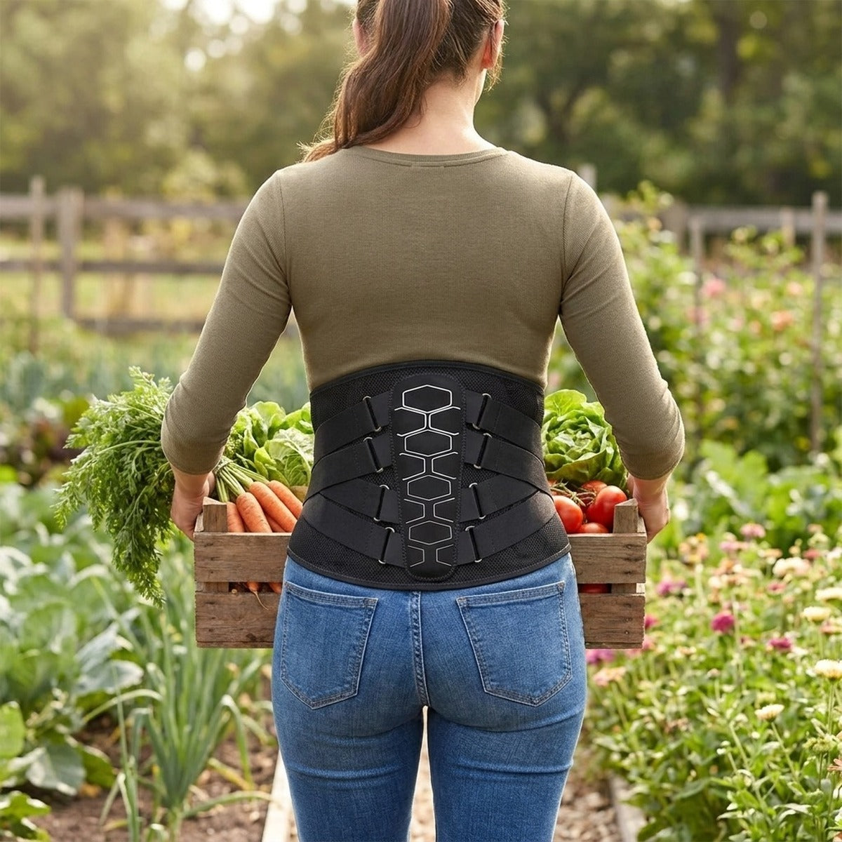Mise en situation : femme portant une cagette de légumes au potager, ceinture lombaire noire sur son haut