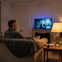 Mise en situation : soirée film sur le canapé, enveloppé dans le châle chauffant branché