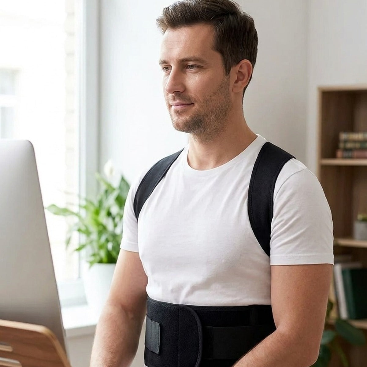Mise en situation : correcteur de posture porté au bureau, ceinture fermée devant