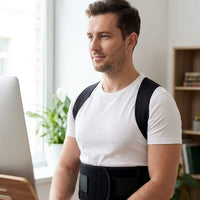 Mise en situation : correcteur de posture porté au bureau, ceinture fermée devant