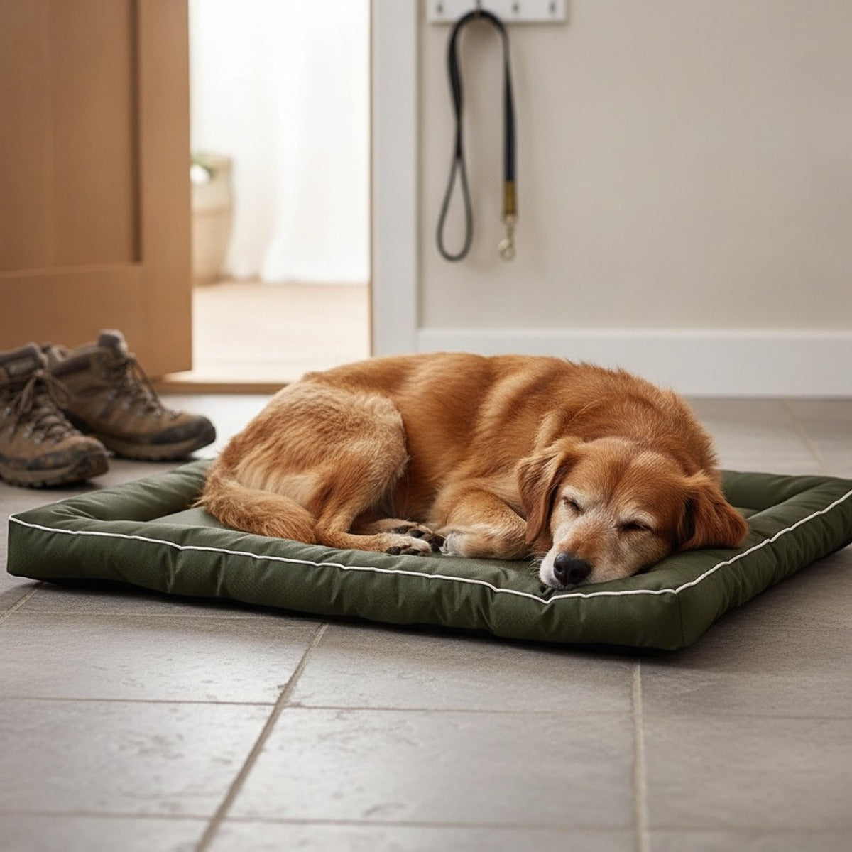 Mise en situation : chien couché sur le coussin vert olive dans l'entrée, près des bottes