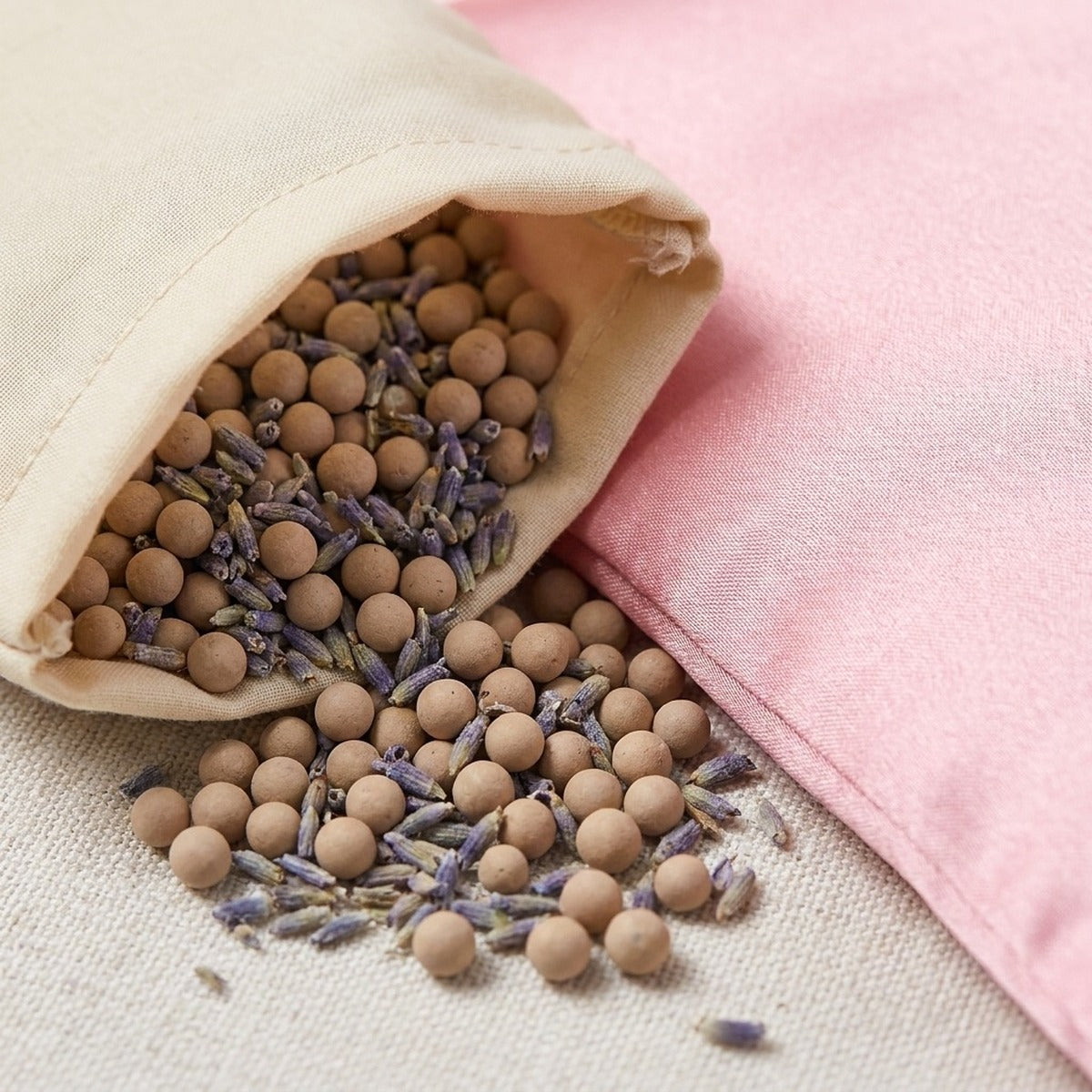 Détail : sachet intérieur ouvert sur les perles d'argile et les fleurs de lavande séchées