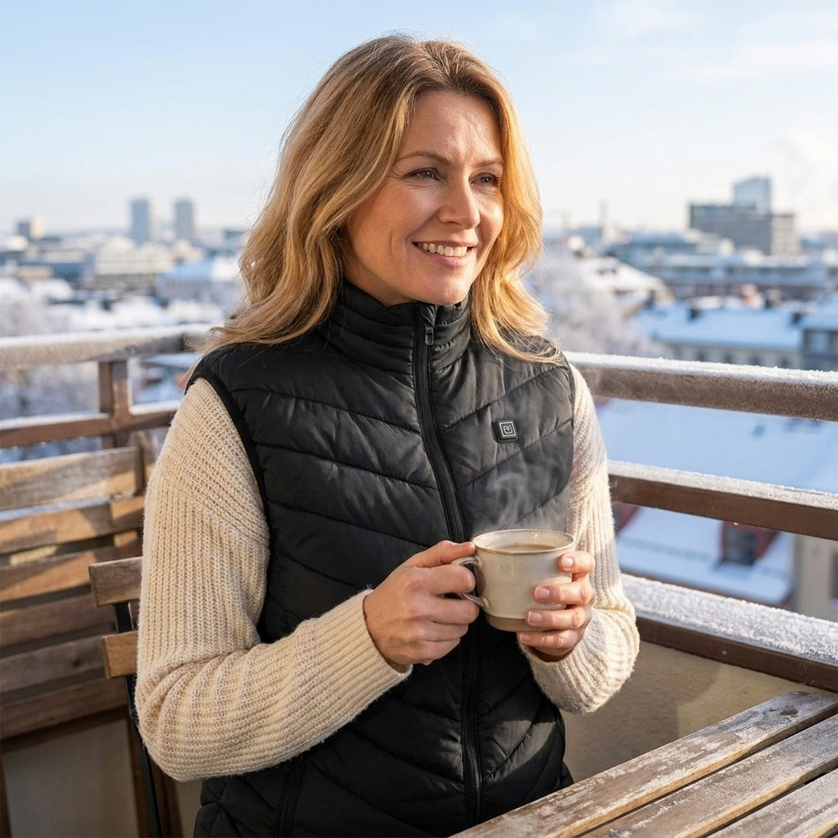 Mise en situation : femme buvant un café sur un balcon en hiver, gilet chauffant noir sur un pull crème