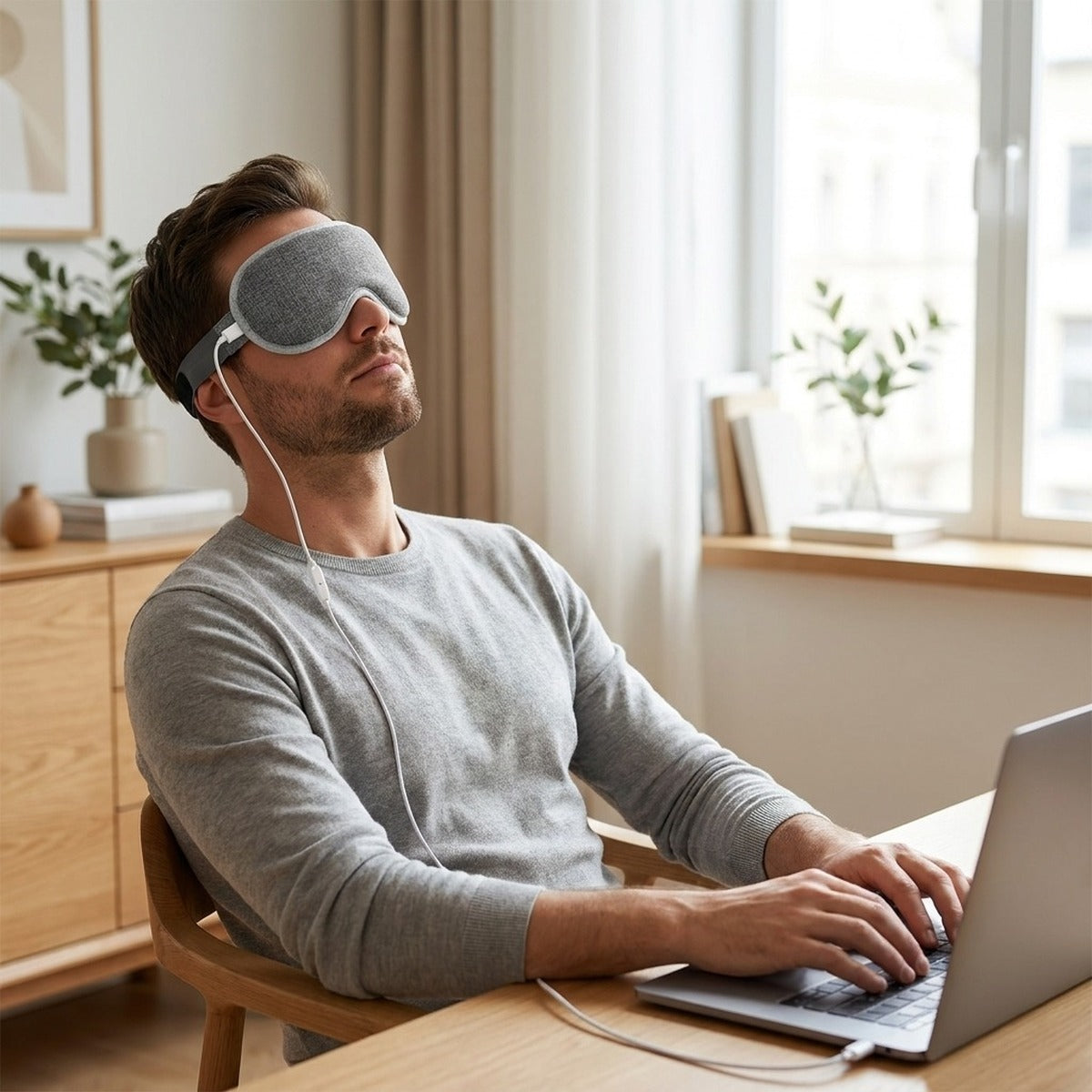 Mise en situation : pause au bureau avec le masque chauffant branché sur l'ordinateur portable