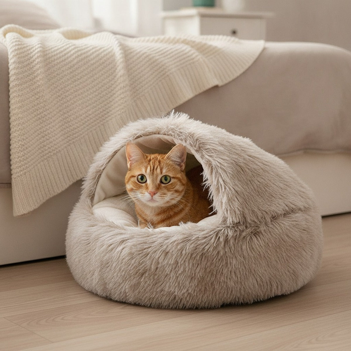 Mise en situation : chat roux sous la capuche du panier, au pied du lit