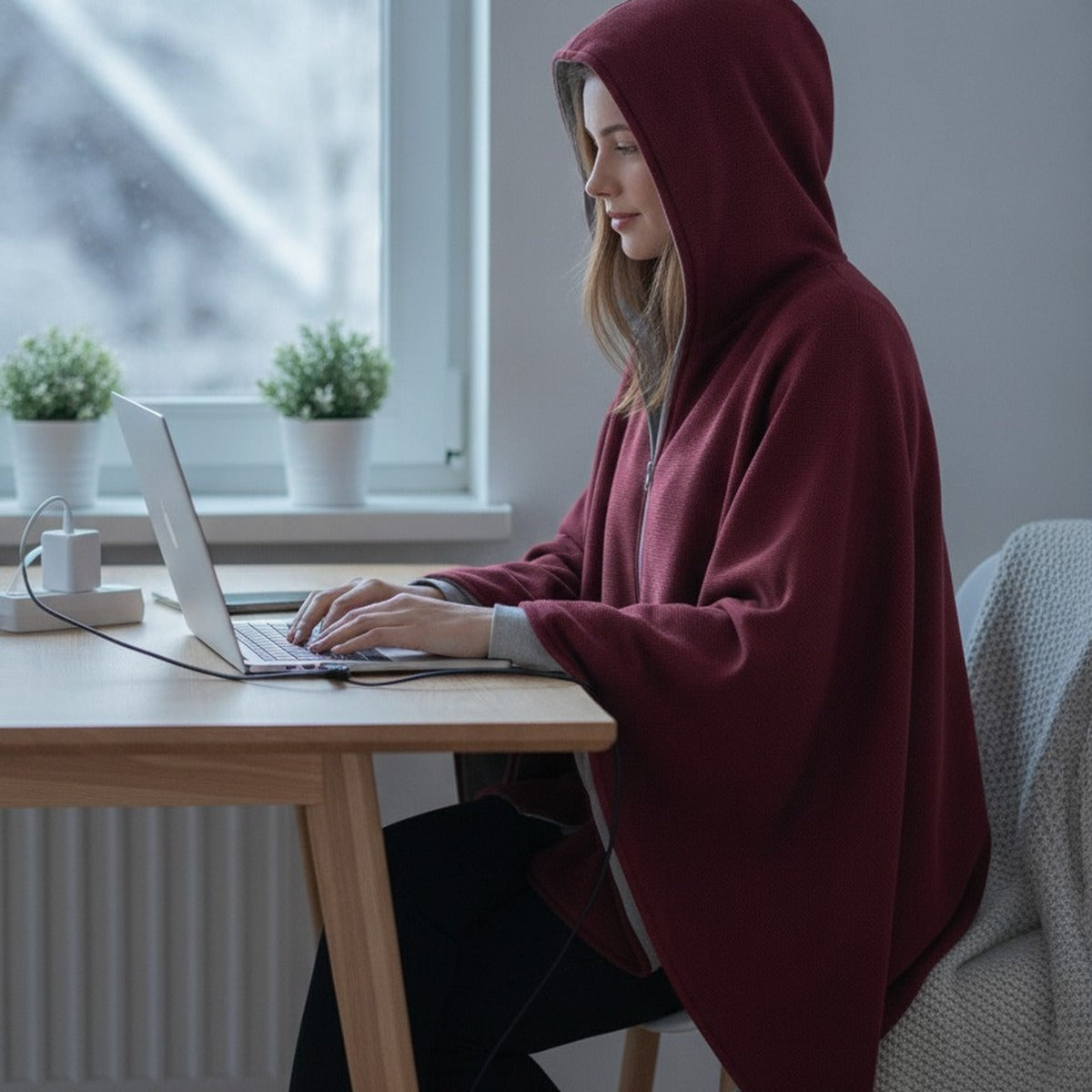 Mise en situation : télétravail en poncho chauffant bordeaux, capuche relevée, câble USB branché