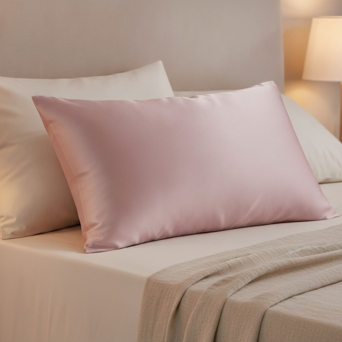 Mise en situation : oreiller en taie de soie rose à la lumière d'une lampe de chevet