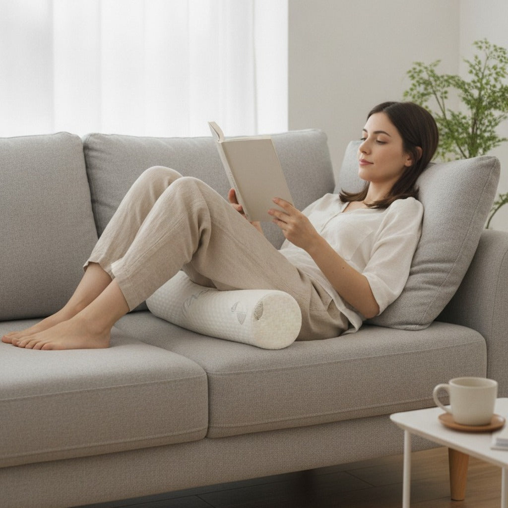 Lecture allongée dans un canapé, le coussin cylindrique glissé sous les genoux